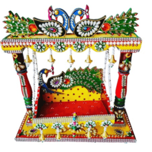 Divine Elegance: Kundan Work Laddu Gopal Wooden Swing Jhula (44x44 cm), Seating Area 10x10 inches, 5 Number Laddu Gopal Seating with Multi-Color Stone Pearl