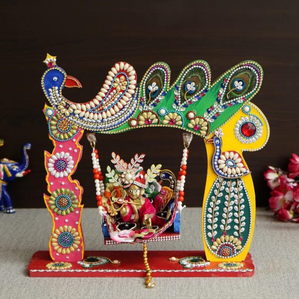 Wooden Handicrafted Swing Jhula for Laddu Gopal Krishna Janmashtami Stylish Wood Handmade Bal Gopal Thakur Ji Jhoola for Home Mandir Temple